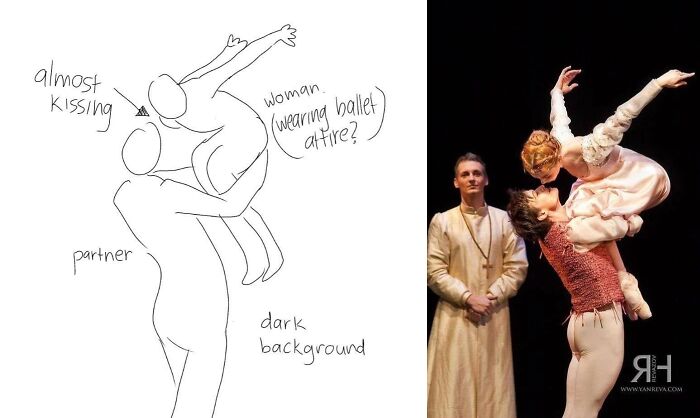 A side-by-side comparison of a sketched ballet pose and a photo of dancers performing a similar pose, illustrating hope to find.