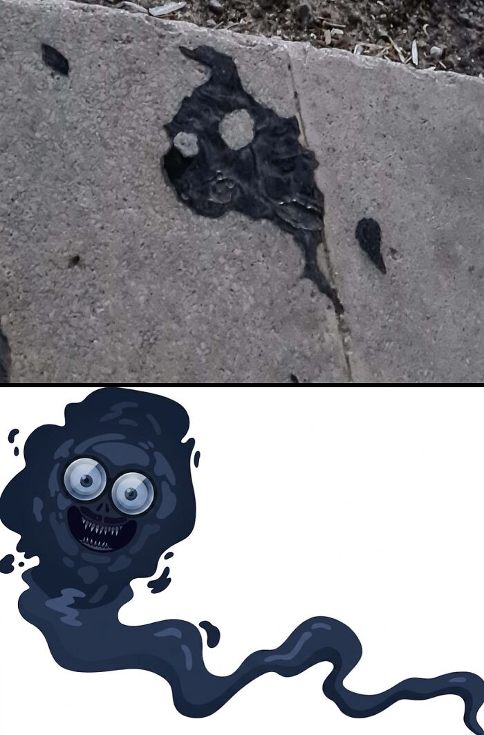 A melted black substance on concrete resembling a cartoon ghost, highlighting things people lost hope to find but the internet did its magic.