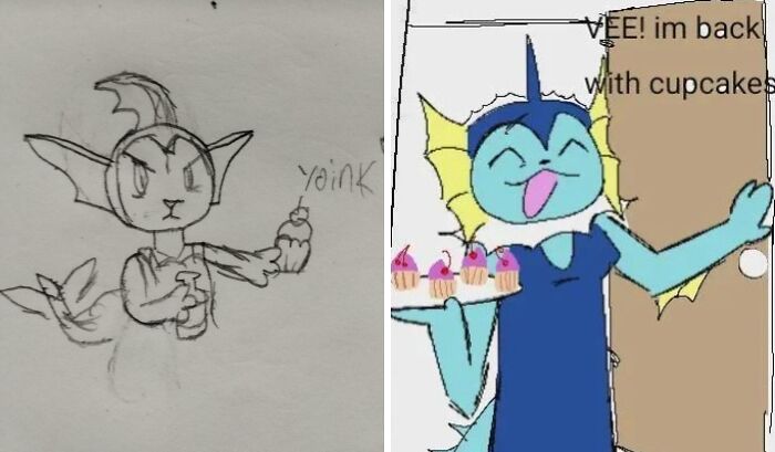 A drawing of a Vaporeon holding cupcakes, a delightful image found with the internet's magic.