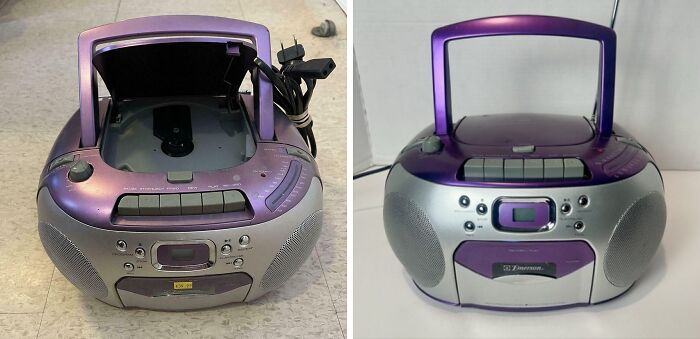 A purple and silver boombox, transformed and found anew with the internet's magic.