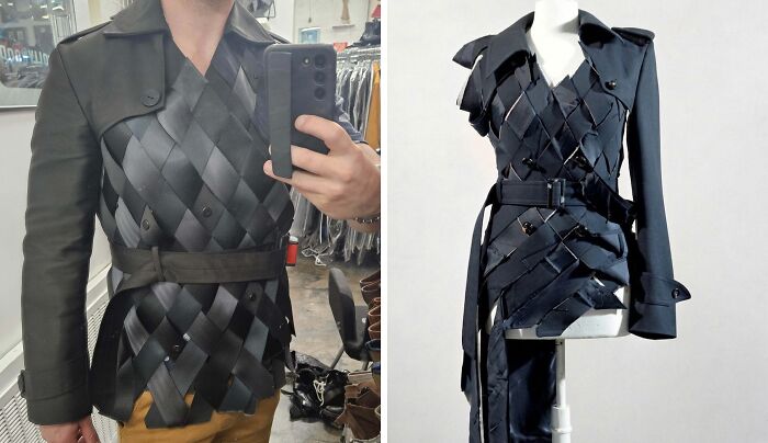 A man wearing a black trench coat with woven details on the left, and the finished garment on a mannequin on the right, a thing people lost hope to find.