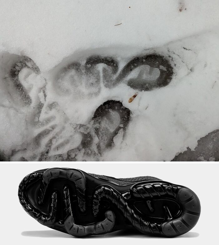 A black shoe sole with a wavy pattern next to a footprint of the same pattern in snow; internet finds matching patterns.