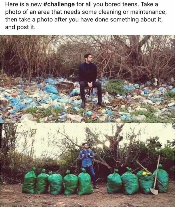 Before and after photo showing a man cleaning up a large amount of trash, highlighting how trash takes over the world.