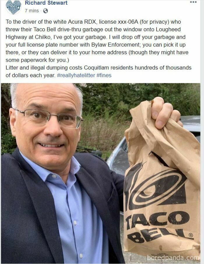 A man smiling and holding a Taco Bell bag, highlighting the problem of trash taking over the world.