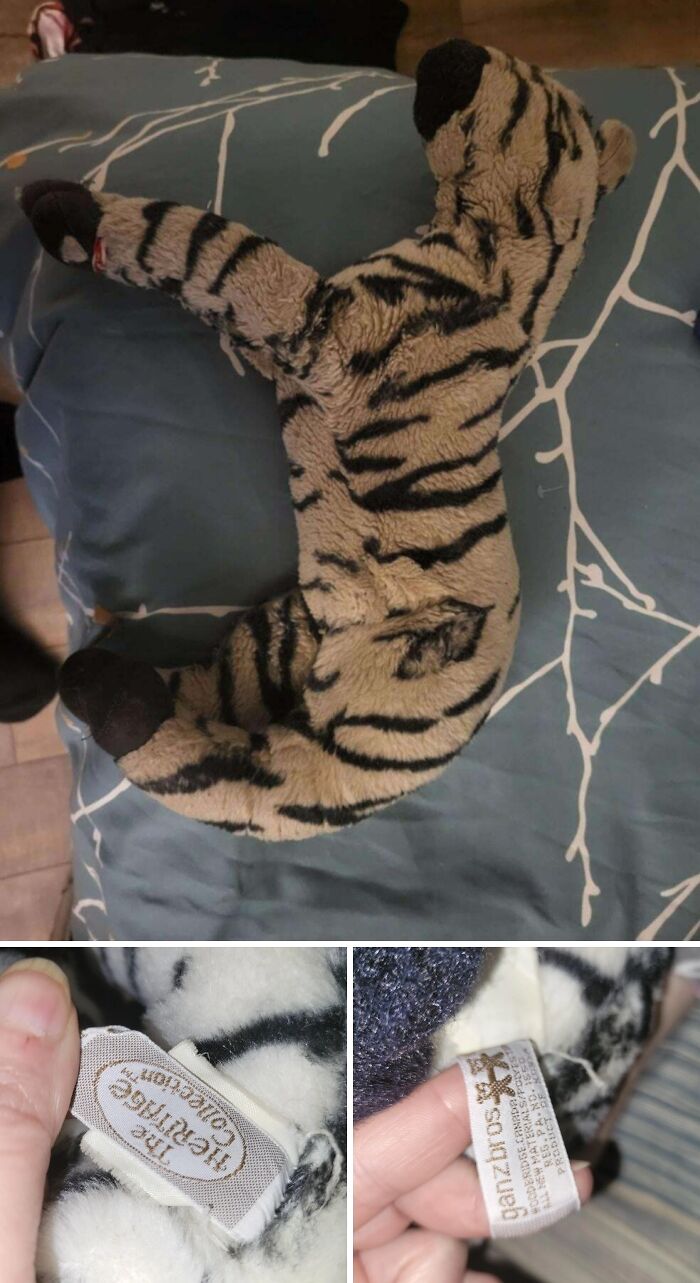 A two-part image showing a striped tiger plush toy and a close-up of its brand tag, representing hope to find lost items.
