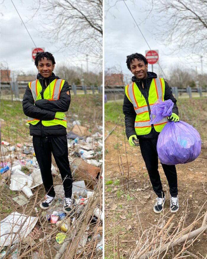 A person in a reflective vest stands amidst trash before and after collecting it into a purple bag.