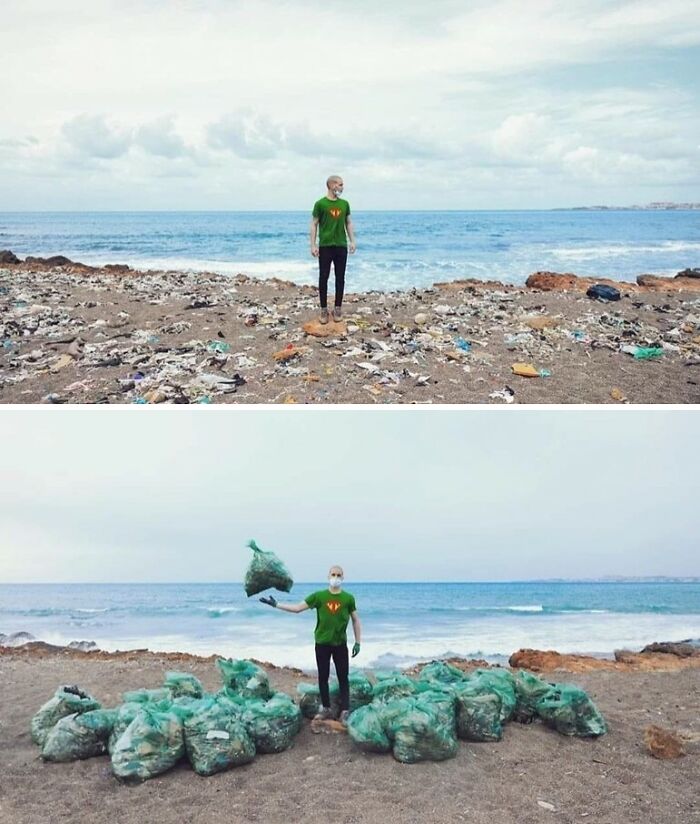 Two images of a person on a beach, first surrounded by trash and then with bags of collected trash, as trash takes over the world.