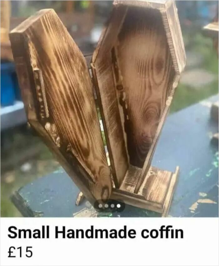 A small, handmade wooden coffin for sale on an online marketplace. This screenshot proves it's a magnet for the weirdest people.