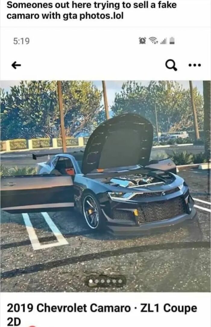 A screenshot from an online marketplace showing a fake 2019 Chevrolet Camaro listing using GTA photos, an example of weird people selling.