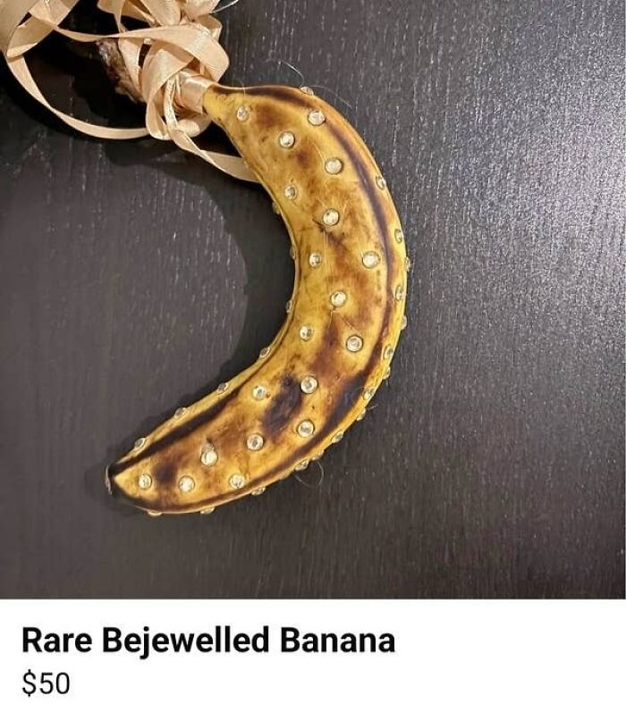 A rare bejeweled banana, an unusual and weird item for sale on an online marketplace.