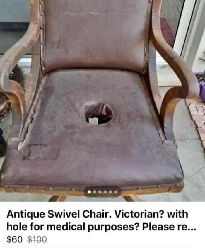 Online marketplace screenshot of an antique swivel chair with a hole for medical purposes, showcasing items from the weirdest people.