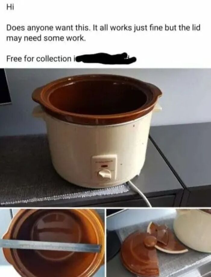 Online marketplace screenshot of a slow cooker with a broken lid offered for free, highlighting the weirdest people.