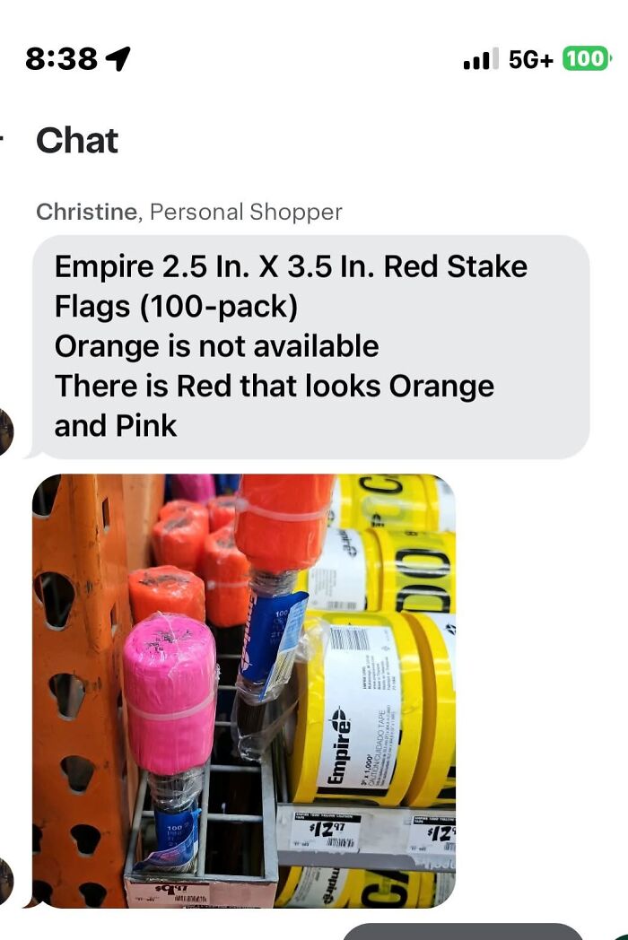 Questionable Instacart shoppers chat offering an orange-looking red stake flag when orange is unavailable.