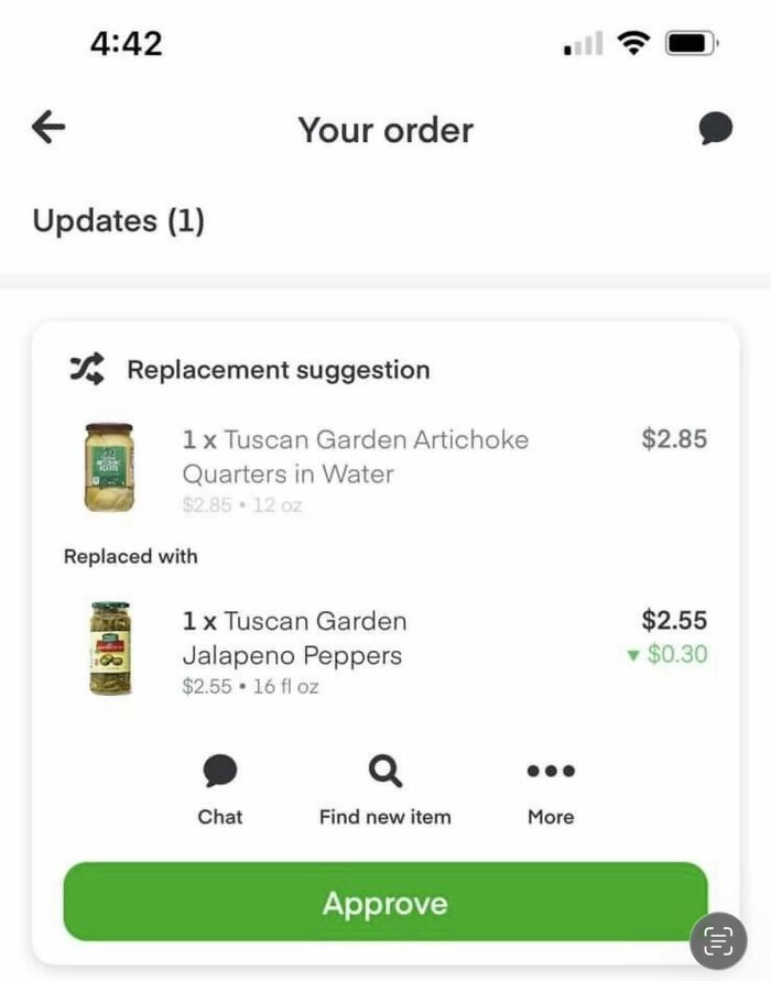Questionable Instacart shoppers replacing Tuscan Garden Artichoke Quarters with Tuscan Garden Jalapeno Peppers.