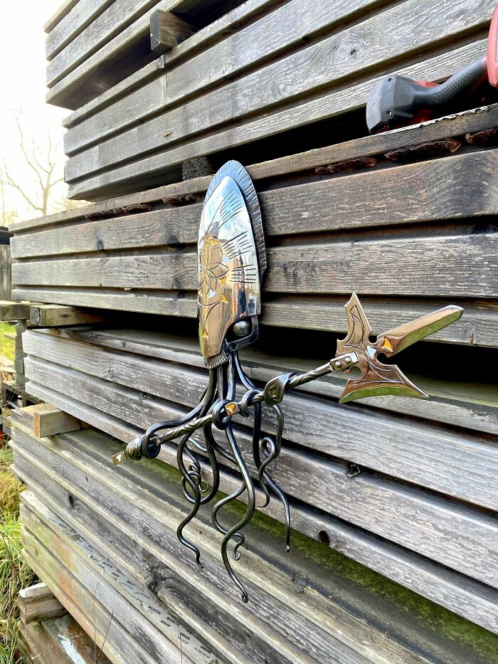'Squid At Arms' - Recent Fun Piece. Mild Steel. Head And Halberd Forged From Sheet And Polished