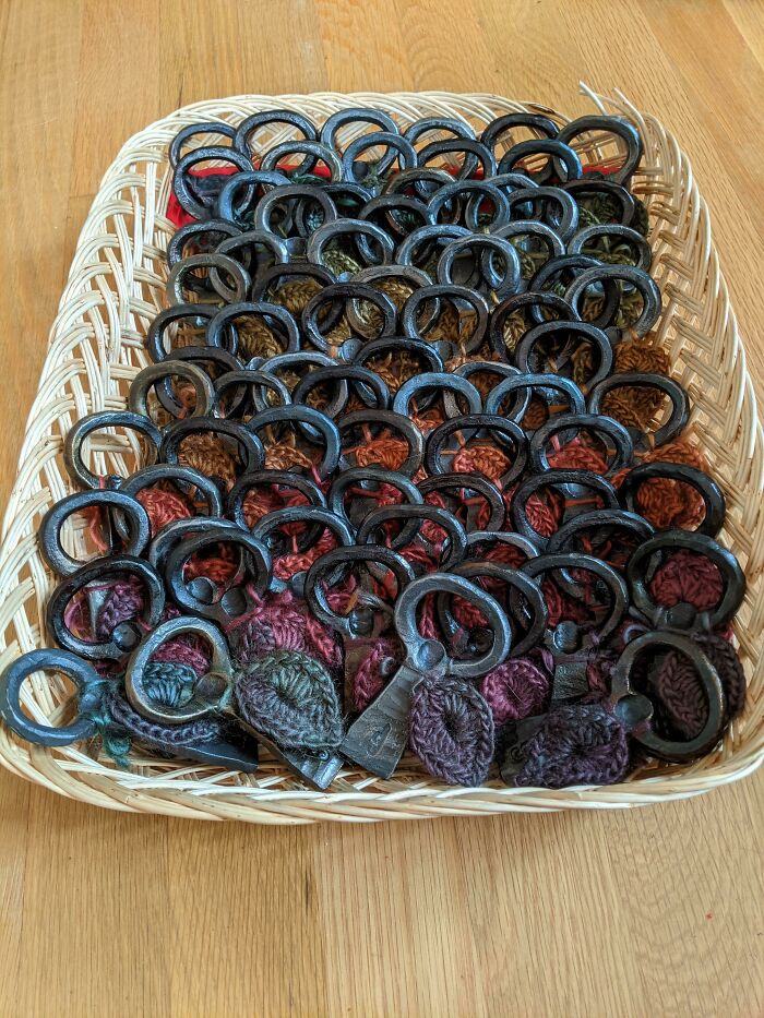 I Forged 76 Bottle Openers As Favors For My Wedding, And My Now Wife Crocheted Leaves To Go With Them