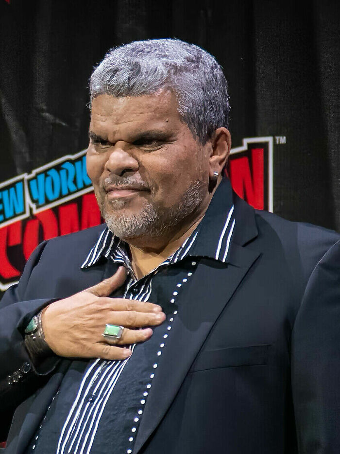 Luis Guzmán with gray hair, a beard, and a suit, highlights his distinguished bio and career.