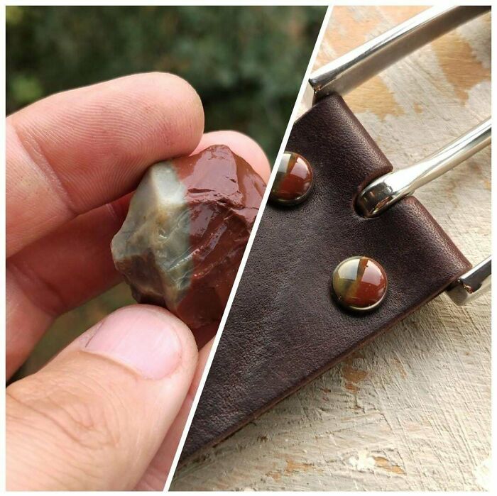 Amazing crafts showing a rough stone transformed into a polished, unique embellishment on a brown leather belt buckle.
