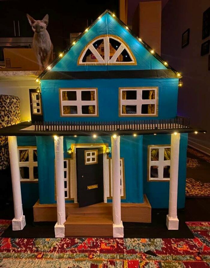 Amazing crafts: A blue dollhouse with white trim, illuminated by tiny lights, with a cat perched on top.