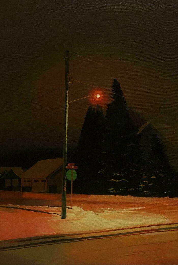 Amazing crafts: a painting of a winter night scene with a glowing street lamp and snow, capturing an amazing atmosphere.