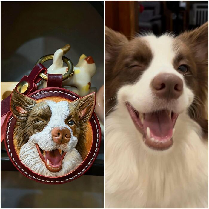 Amazing crafts: a detailed leather keychain with a dog's face winking, beside the real dog with a happy expression.