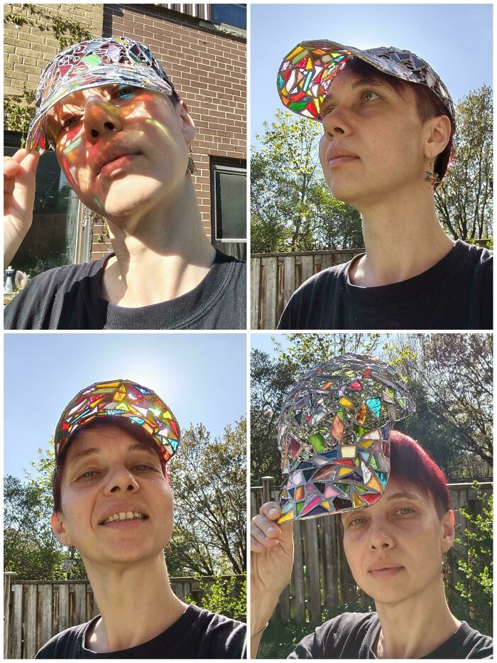Amazing crafts: a person wearing a stained-glass baseball cap, creating colorful light patterns on their face, shown in four different views.