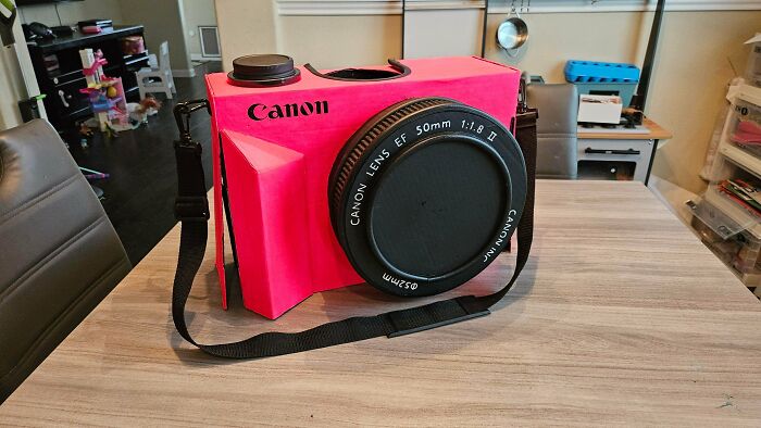 Amazing crafts showcasing a large, pink Canon camera replica made from cardboard.
