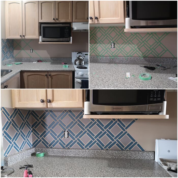 Amazing crafts: Kitchen backsplash being transformed with a geometric stencil, demonstrating people's ability to go above and beyond.