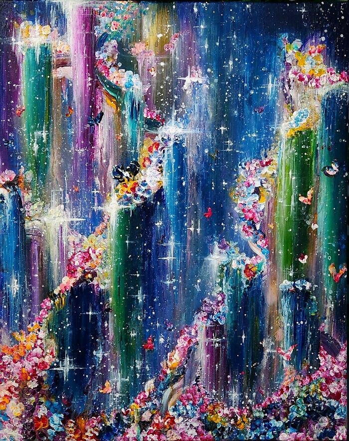 A colorful, sparkling painting with flowers and butterflies, an amazing craft that proves people can go above and beyond.