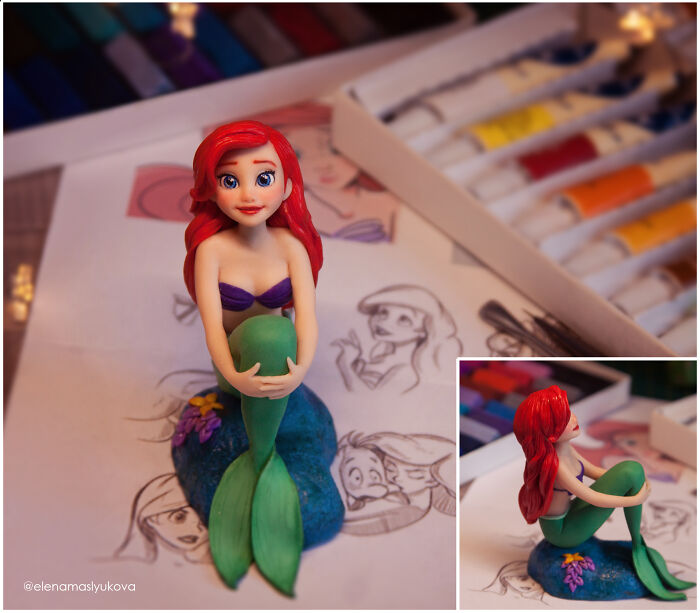A detailed Ariel figurine with red hair and a green tail, a stunning example of amazing crafts alongside character sketches.