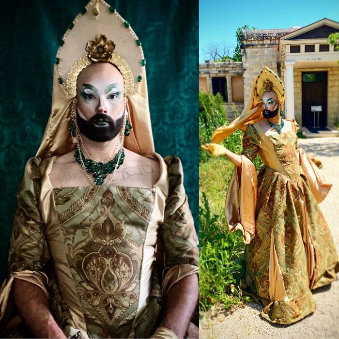 Amazing crafts: A person in an elaborate historical costume with a tall headdress, highlighting detailed craftsmanship.