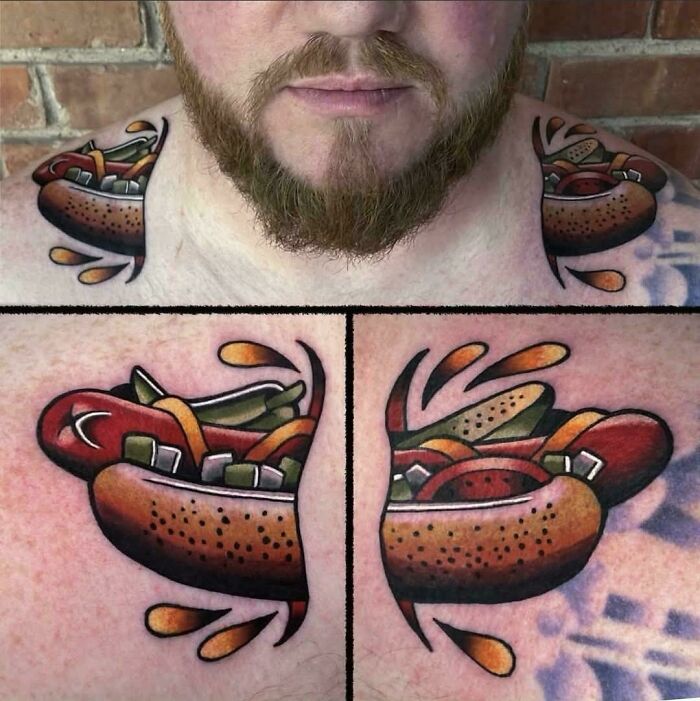 Awful idea: a man's shoulders tattooed with hot dogs in buns, executed with disturbing skill.