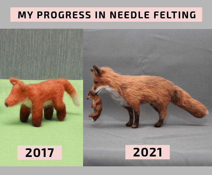 Amazing crafts showing progress in needle felting, from a simple fox in 2017 to a detailed fox with a pup in 2021.