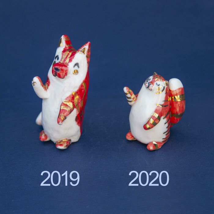 Two small, ceramic tiger figures, one from 2019 and one from 2020, representing amazing crafts and artistic progress.