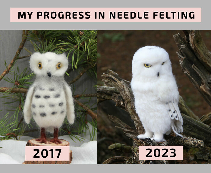 Before-and-after image showing needle felting progress, from a 2017 owl to a detailed 2023 owl. Amazing crafts.
