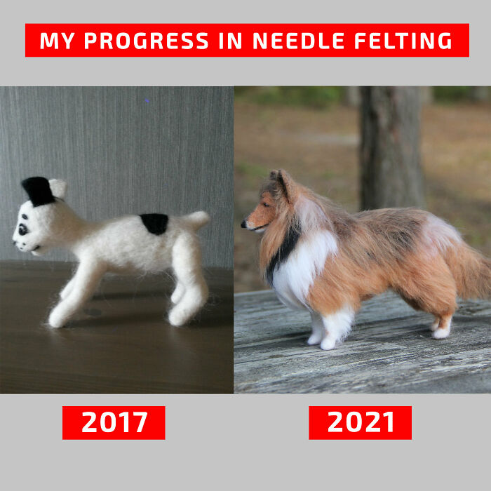 A split image displaying amazing crafts: a simple needle-felted dog from 2017 and a highly realistic needle-felted dog from 2021.