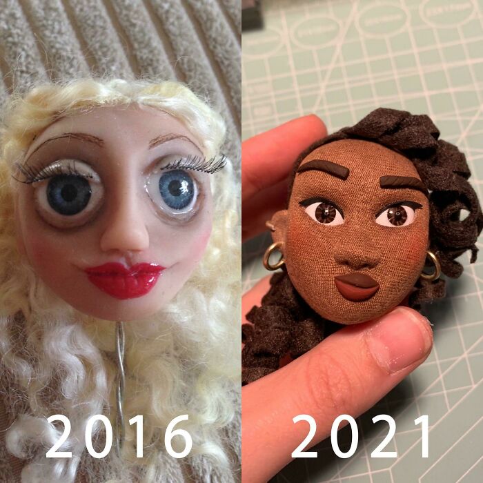 A split image of two amazing crafts: a doll head with blonde hair from 2016 and a doll head with dark hair from 2021.