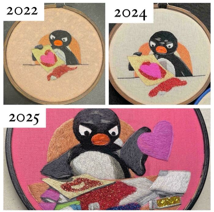 Amazing crafts showcasing the embroidery progress of an angry penguin over three years, from 2022 to 2025.