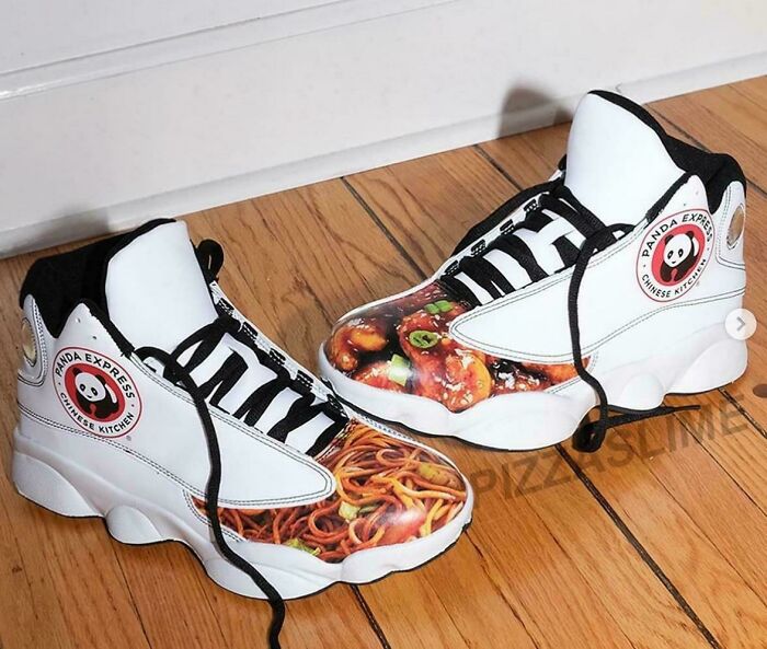 A pair of custom sneakers with Panda Express branding and food images, showing awful ideas executed with skill.