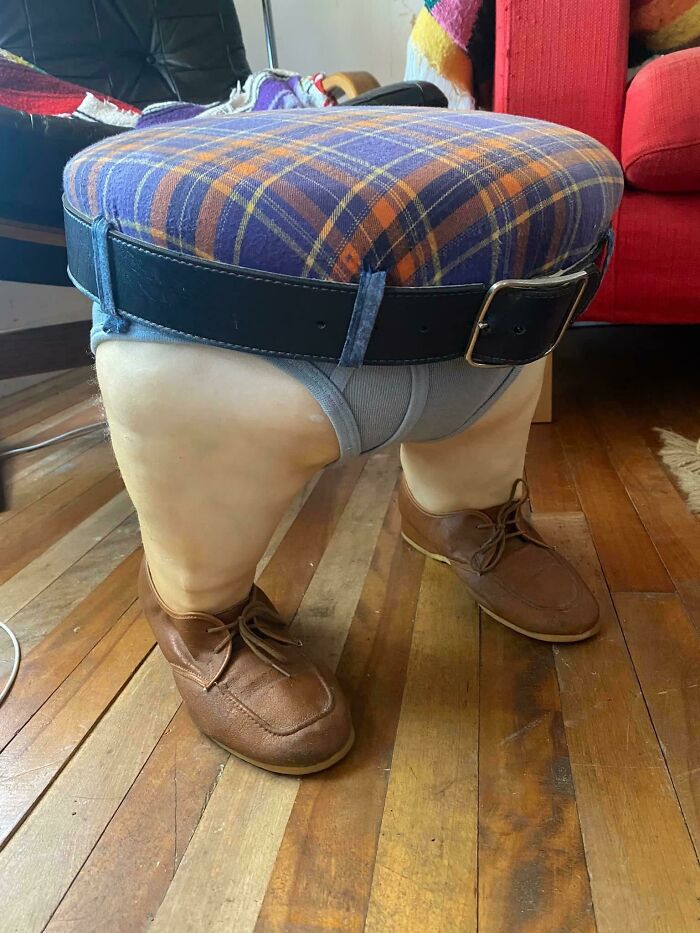 An awful idea for a stool designed like a torso with realistic legs and shoes, showing disturbing skill.