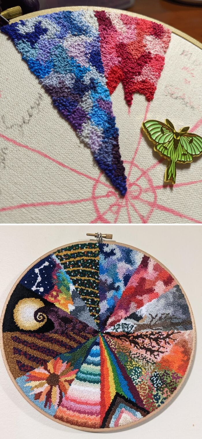 Amazing crafts featuring a colorful embroidered project in progress and a completed circular embroidery showing various scenes.