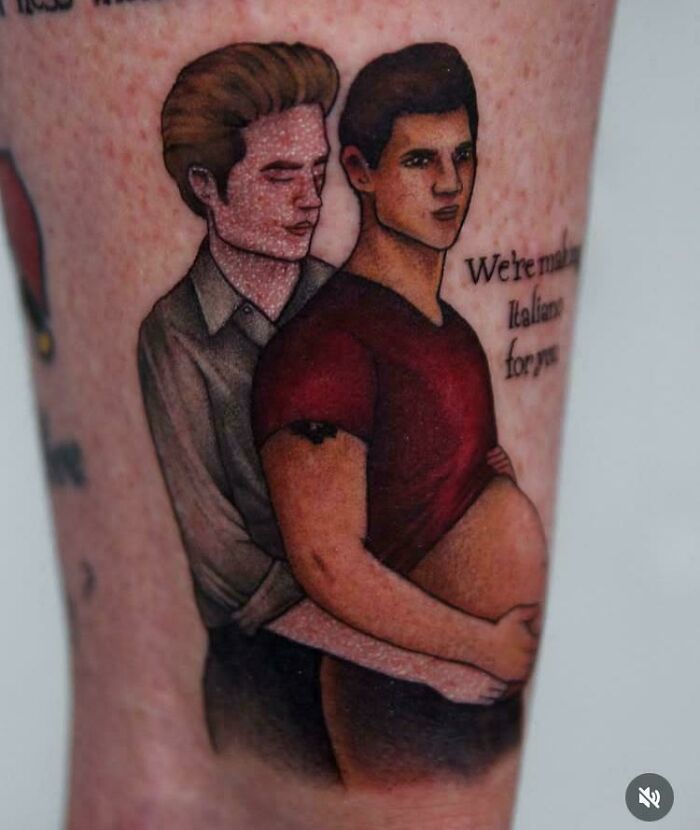 An awful idea for a tattoo, depicting two male figures, one pregnant, with disturbing skill.