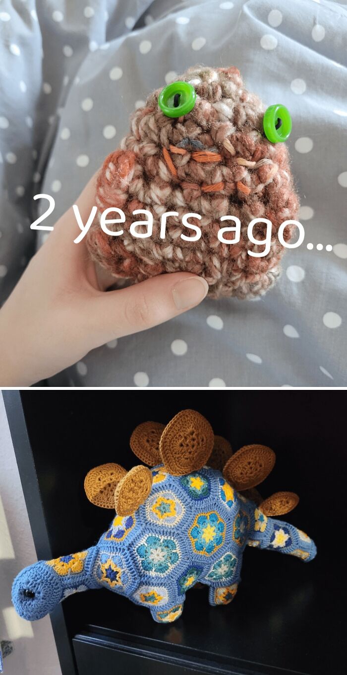 A split image showing amazing crafts: a small crocheted creature from 2 years ago and a detailed crocheted dinosaur.