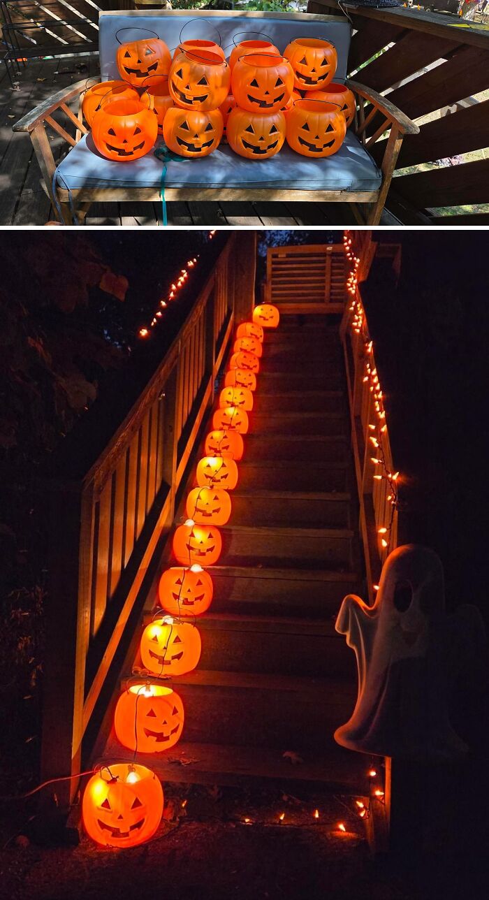 Staircase decorated with glowing pumpkin crafts and string lights for Halloween, displaying amazing crafts.