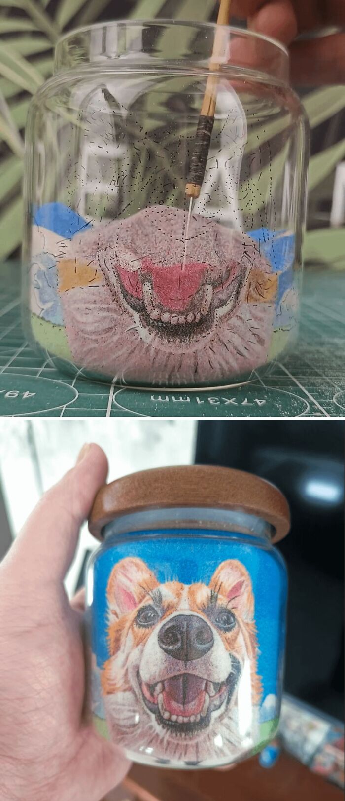 A two-part image showing the creation of an amazing crafts glass jar with a dog's face using sand art.
