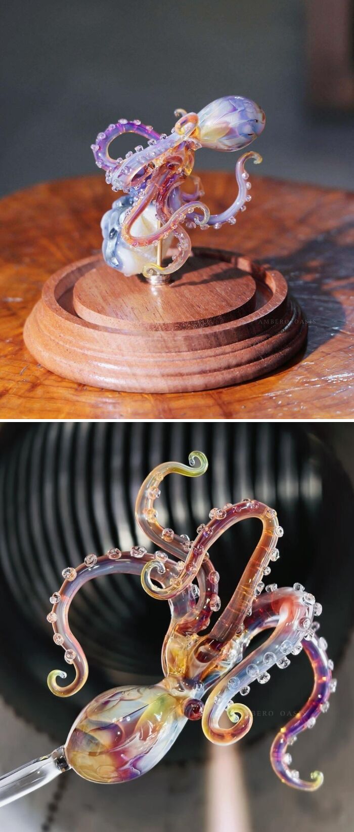 A detailed glass sculpture of an octopus with colorful tentacles, demonstrating amazing crafts.