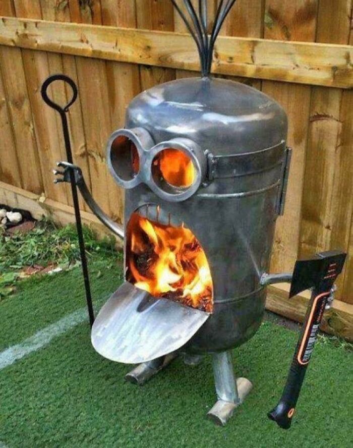A Minion-shaped outdoor wood-burning stove, an awful idea executed with disturbing levels of skill.