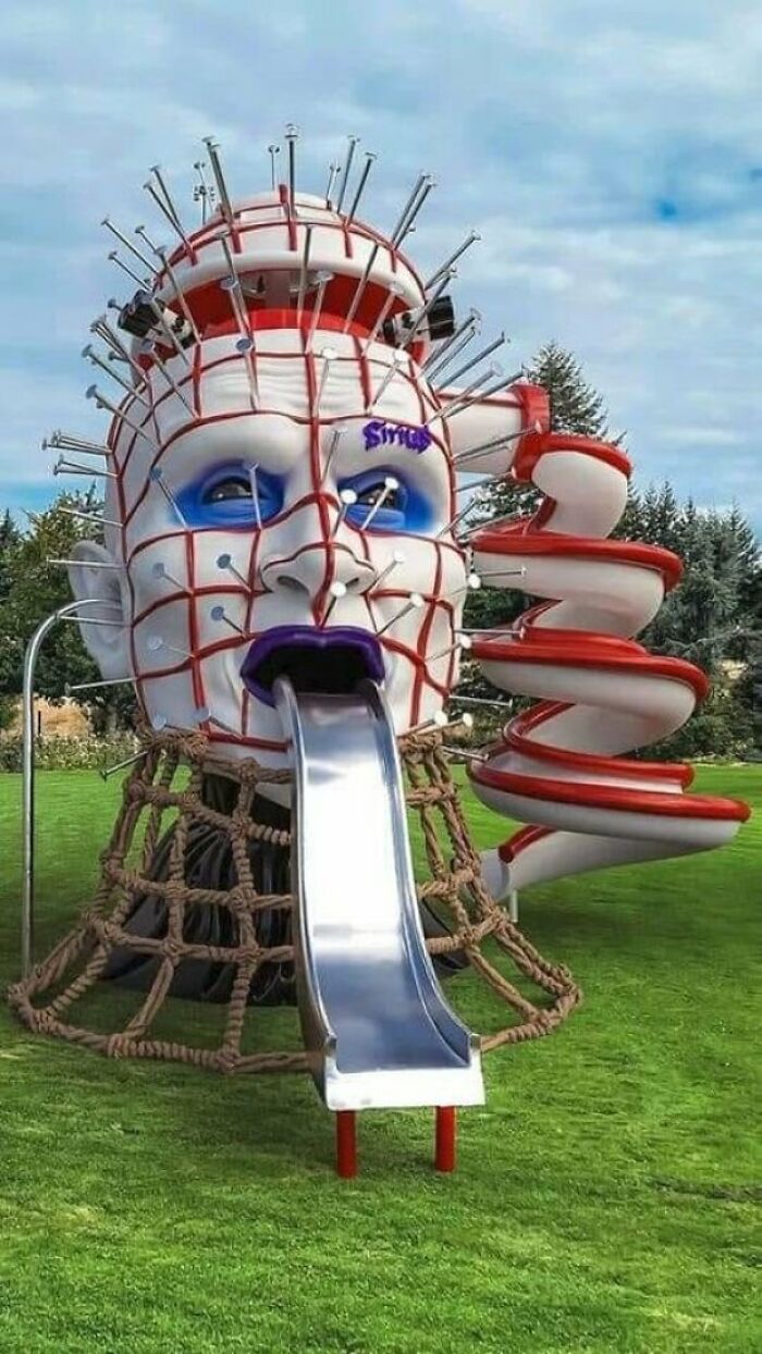 Awful idea: a disturbing Hellraiser-themed playground slide executed with skill.