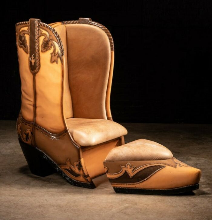 Awful idea: a disturbing cowboy boot-shaped chair and ottoman, executed with skill.