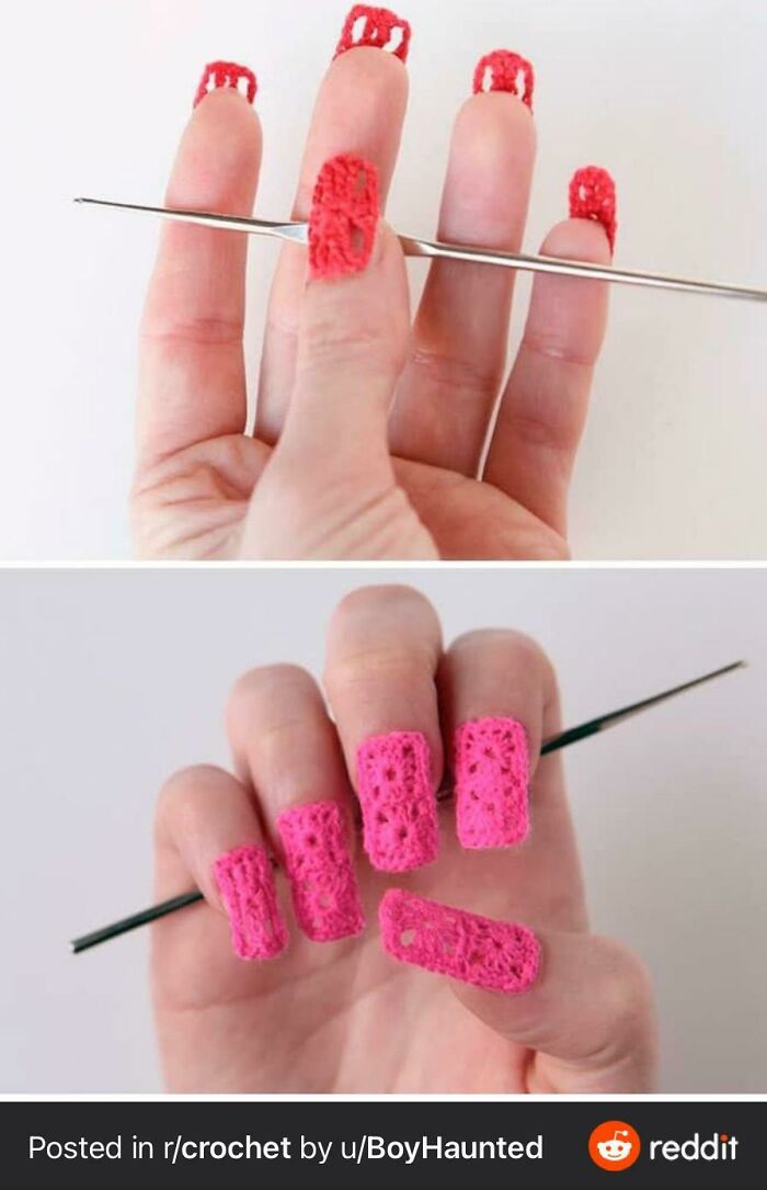 Crocheted fake nails with Disturbing Levels of Skill that look like they could be for evil.